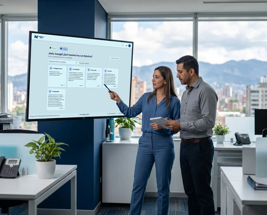 Equipo revisando los módulos de Nebula ERP en una pantalla de la oficina