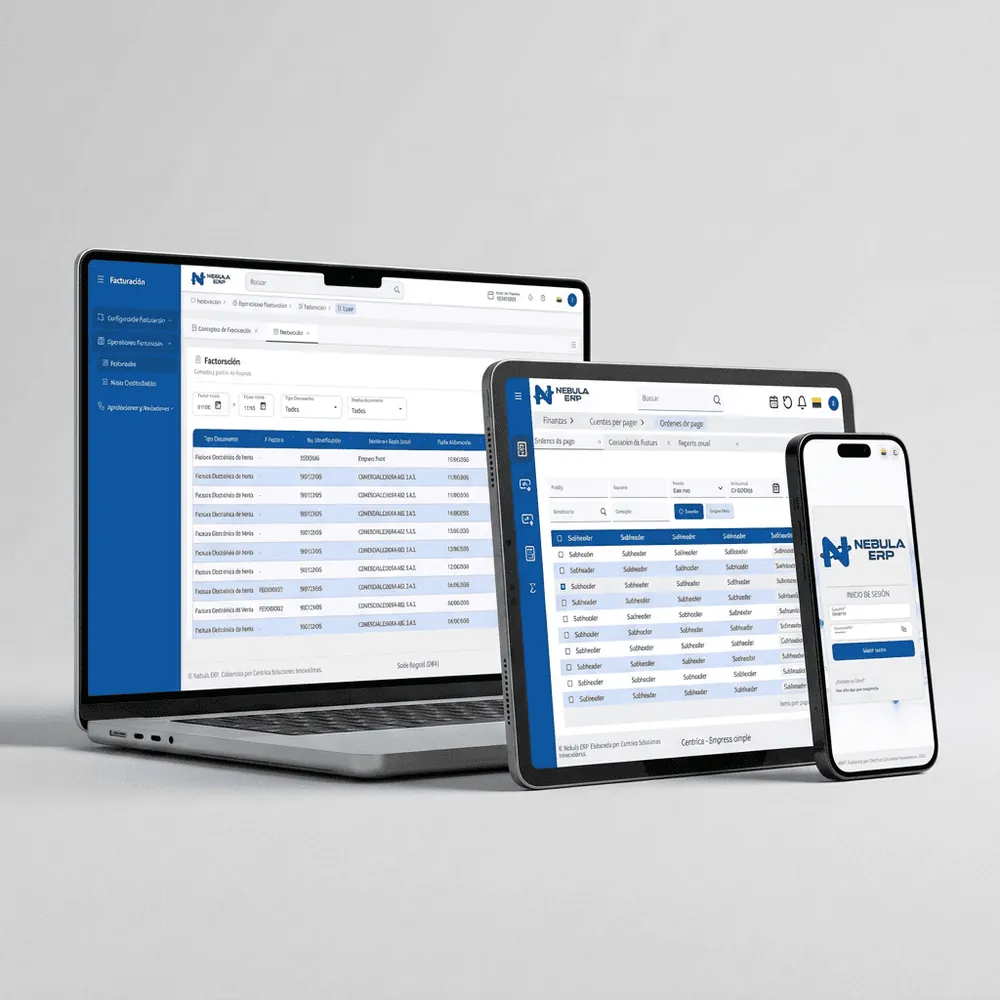 Nebula ERP en portátil, tablet y celular: facturación, tesorería e inicio de sesión